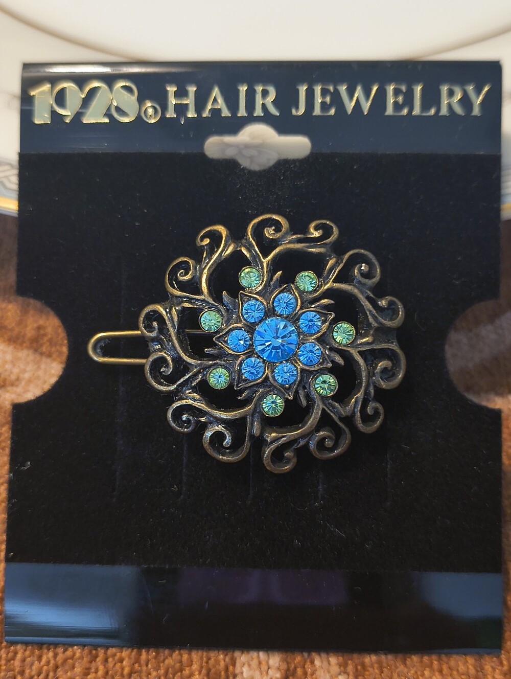 Vtg 1928 Hair Jewelry Clip Filigree Gold Blue Green Rhinestone New Old Stock